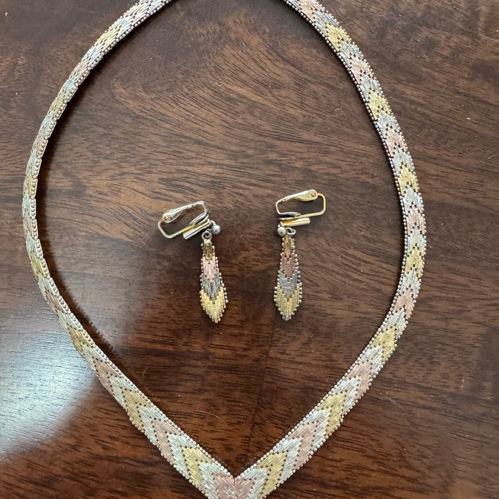 Chevron Pattern Gold and Silver Necklace Set Italy